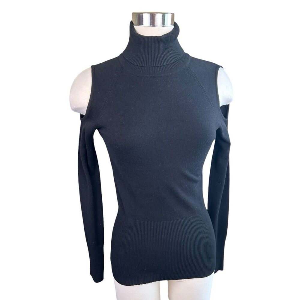 Cache VTG Cold Shoulder Black Fitted Turtleneck Light Sweater Sz 8 Y2K Viscose